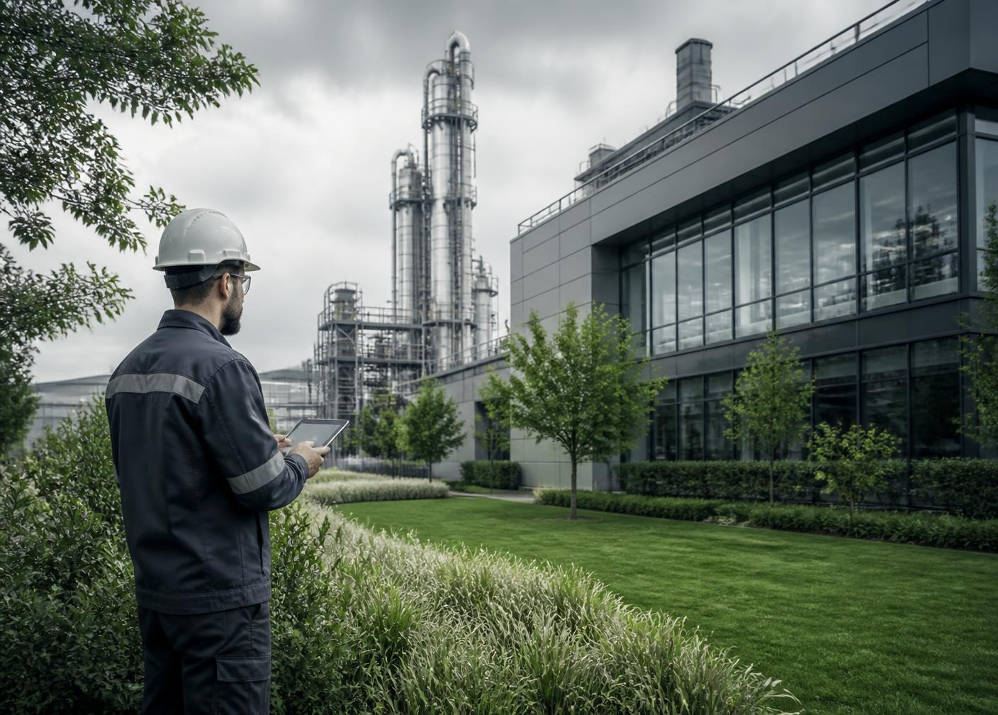 Inspeção ambiental em planta industrial acompanhada por técnico da Córtex